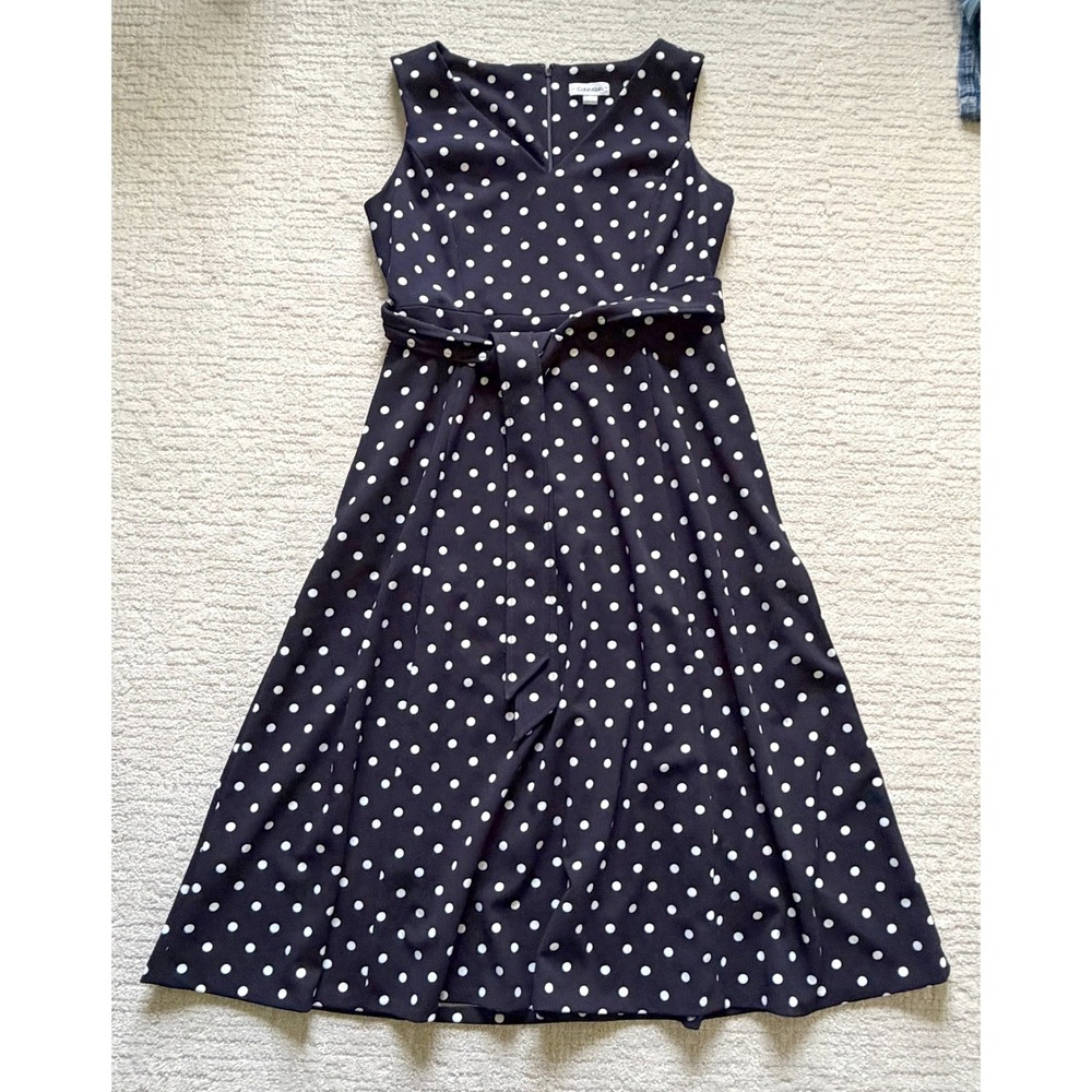 Calvin Klein Navy Blue White Polka Dot V-Neck Tie Waist Midi Dress 12 Classic